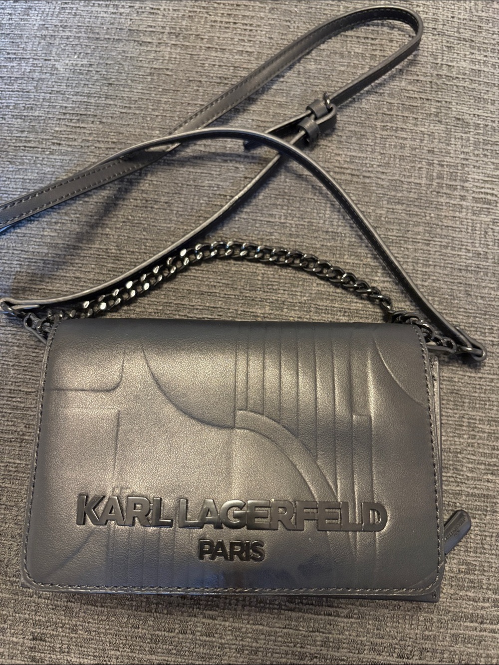 Karl Lagerfeld Black Embossed Logo Leather Crossbody with Chain Strap